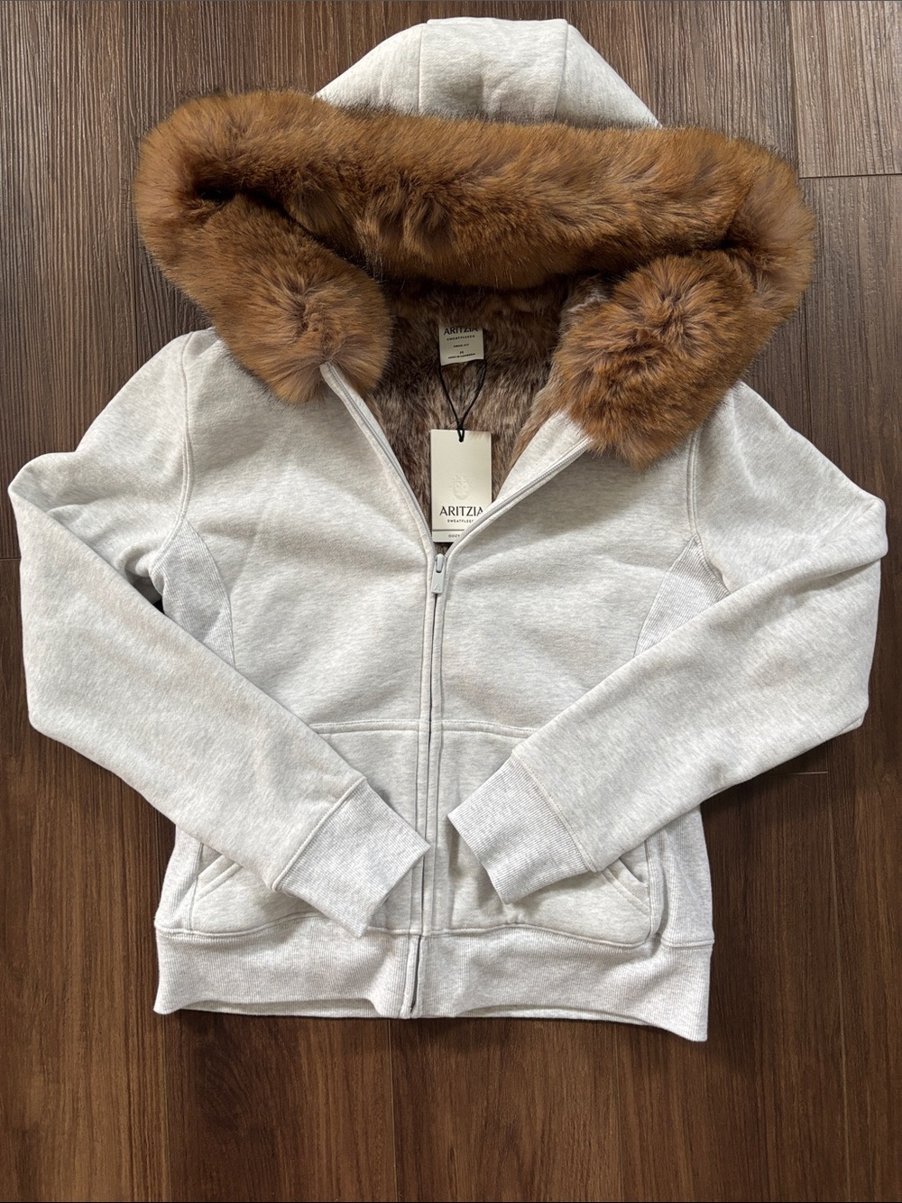 Aritzia Kids Light Gray Hoodie with Brown Faux Fur Hood Trim